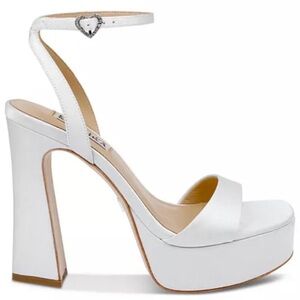 Badgley Mischka- Caia, White Satin Platform Ankle-Strap Heels with Heart Buckle